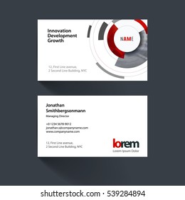 Vector business card template with particles, circles, segments of rounds for IT, business, strategy. Simple and clean design. Creative corporate identity layout set.