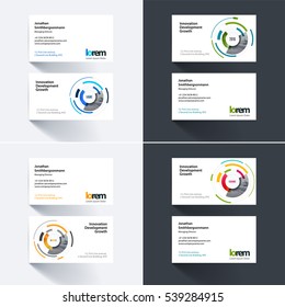 Vector business card template with particles, circles, segments of rounds for IT, business, strategy. Simple and clean design. Creative corporate identity layout set.