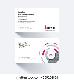 Vector business card template with particles, circles, segments of rounds for IT, business, strategy. Simple and clean design. Creative corporate identity layout set.