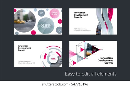 Vector business card template with pink soft shapes, rounds, circles for PR, business, tech. Simple and clean design set. Creative corporate identity layout set with effects.