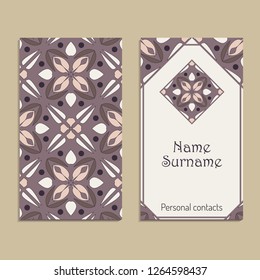 Vector business card template. Portuguese, Moroccan, Azulejo, Arabic, asian ornaments. Geometric and floral motifs