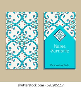 Vector business card template. Portuguese, Moroccan, Azulejo, Arabic, asian ornaments. Geometric and floral motifs