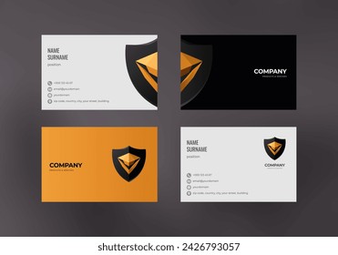 Vector business card template with premium shield logo and dark background, modern minimalistic brand design for security or law firm