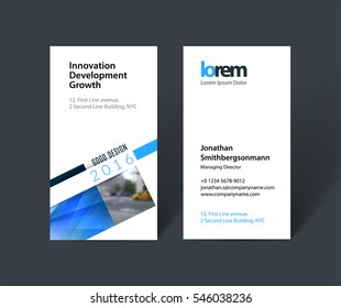Vector business card template with rectangular diagonal for PR, business, tech. Simple and clean design. Creative corporate identity layout set with overlay effect.