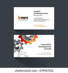 Vector business card template with red gear and polygonal background for engineering, construction and hi-tech. Simple and clean design. Creative corporate identity layout.