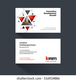 Vector business card template with red triangular shapes, triangles, polygons, mesh for science, travel, network. Simple and clean design. Creative corporate identity layout.