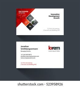 Vector business card template with red rectangles, squares, diagonal house window for real estate, business, building. Simple and clean design. Creative corporate identity layout.