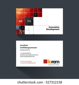 Vector Business Card Template With Red Rectangular Shapes, Squares, Lines, Rounds For IT, Business, Building. Simple And Clean Design. Creative Corporate Identity Layout.