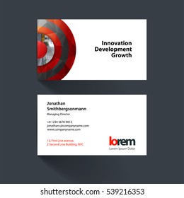 Vector business card template with red half target, rainbow, circles, rounds for IT, business, beauty. Simple and clean design. Creative corporate identity layout set.