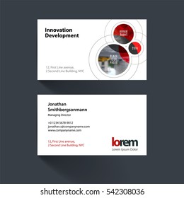 Vector business card template with red rounds, circles, soft lines for IT, business, technology. Simple and clean design. Creative corporate identity layout set.
