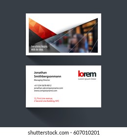 Vector business card template with red diagonal, triangular shapes for eco, business, tech. Simple and clean design. Creative corporate identity layout set with effects.