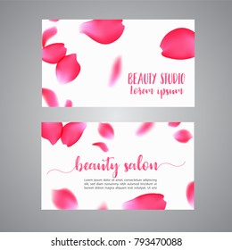 Vector business card template with rose petals. Floral concept for boutique, jewelry, floral shop, beauty salon, spa, fashion, flyer.
