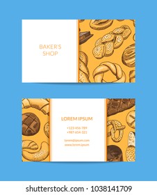 Vector business card template for shop, delivery or baking lessons with hand drawn colored bakery elements illustration