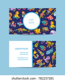 Vector business card template for shop, kindergarten with hand drawn kid toys elements illustration