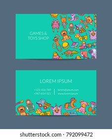 Vector business card template for shop, kindergarten with hand drawn kid toys elements illustration