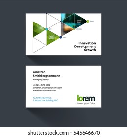 Vector business card template with triangles, polygons for PR, business, tech. Simple and clean design. Creative corporate identity layout set with overlay effect.