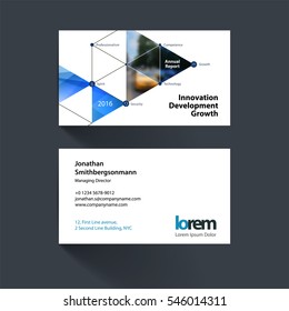 Vector business card template with triangles, polygons for PR, business, tech. Simple and clean design. Creative corporate identity layout set with overlay effect.