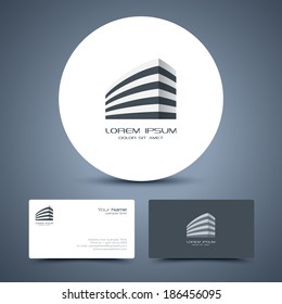 Vector business card template with universal business or building icon logo.