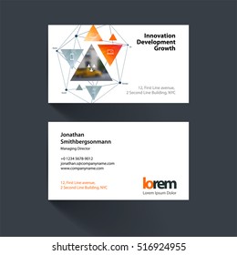 Vector business card template with yellow grey triangular shapes, triangles, polygons, mesh for science, travel, network. Simple and clean design. Creative corporate identity layout.