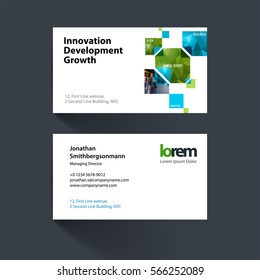 Vector business card template with yellow rectangles, geometric triangles for eco, business, tech. Simple and clean design set. Creative corporate identity layout set with effects.