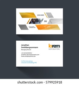Vector business card template with yellow dynamic geometric shapes for eco, business, tech. Simple and clean design. Creative corporate identity layout set with effects.
