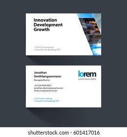 Vector business card template with yellow diagonal geometric shapes for eco, business, tech. Simple and clean design. Creative corporate identity layout set with effects.
