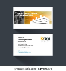 Vector business card template with yellow building shapes for construction, house, home theme. Simple and clean design. Creative corporate identity layout set with effects.