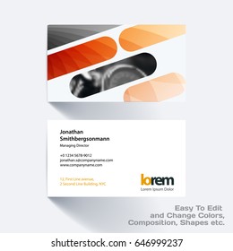 Vector business card template with yellow rounded rectangles for tech, market, construction, company. Simple and clean design. Creative corporate identity layout set with effects.