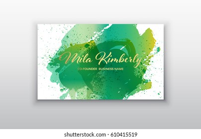 Vector business card templates with green brush stroke and splash background.