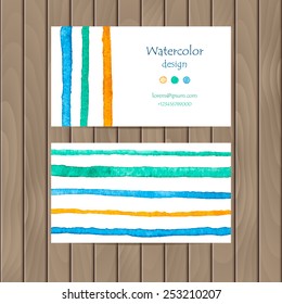 Vector business card with watercolor strips on wood background. Business card template with plenty of space for your text. The original design for you.