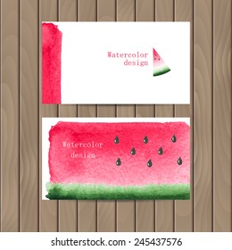 Vector business card with the watercolor texture of watermelon on a wood background. Business card template with plenty of space for your text. The original design for you.