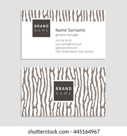 Vector business card with the wood texture. Used pattern based on organic stripes shape. Modern style for company identity.