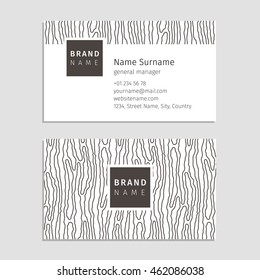 Vector business card with the wood texture. Used pattern based on organic stripes shape and contour lines. The bark texture creates a living surface. Modern style with bio form for company identity.
