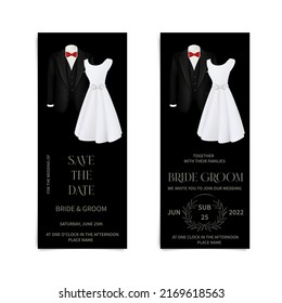 Vector Business Cards With Elegant Dress And Tuxedo. Invitation Flyer For The Holiday