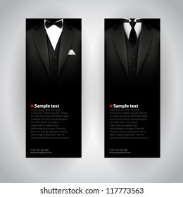 Vector business cards with elegant suit and tuxedo.