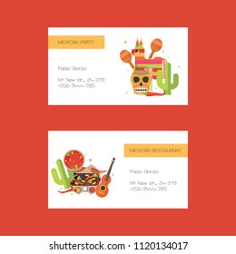 Vector business cards with mexican food ond clothes, pinata on white background.