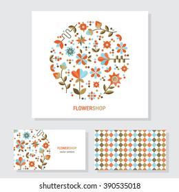 Vector business cards  template with circle floral logo in trendy flat style. Perfect for floral shops or studios, wedding florists. Abstract emblem with flowers and leaves. 