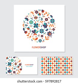 Vector business cards template with circle floral logo in trendy flat style. Perfect for floral shops or studios, wedding florists. Abstract emblem with flowers and leaves.