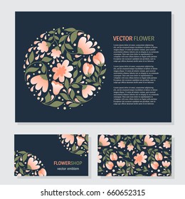 Vector business cards template with circle floral logo in trendy flat style. Perfect for floral shops or studios, wedding florists. Abstract emblem with flowers and leaves.