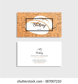 Vector business cards template with hand drawn pattern of bakery goods.