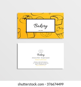 Vector business cards template with seamless hand drawn pattern of bakery goods.