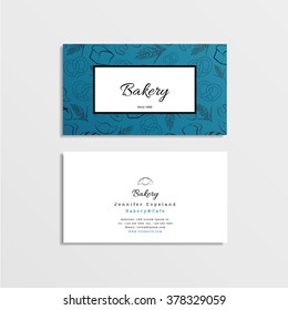 Vector business cards template with seamless hand drawn pattern of bakery goods.
