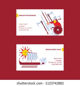 Vector business cards with viking warrior objects, longship, armour and male character on white background