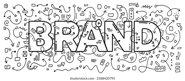 Vector business cartoon illustration of word brand and set of simple different line shape and arrow on white background. Flat hand drawn doodle style design of word brand with marker abstract element 