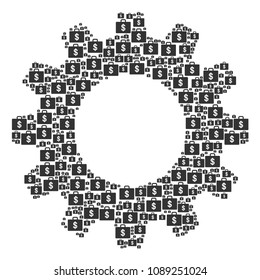 Vector business case icons are arranged into cog composition. Development design concept constructed of business case objects.