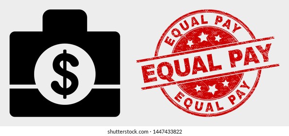 Vector business case pictogram and Equal Pay seal stamp. Red round textured seal stamp with Equal Pay text. Vector combination for business case in flat style. Black isolated business case pictogram.