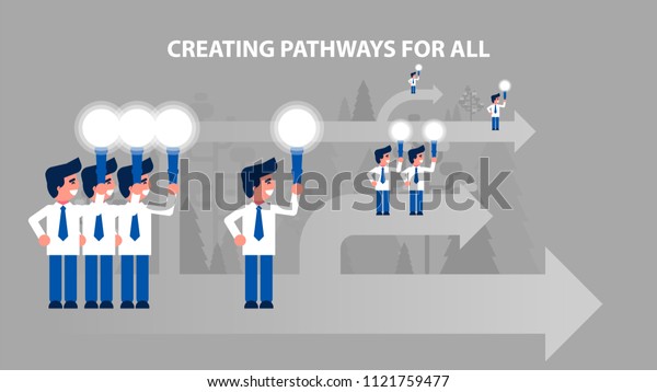 Vector business challenge illustration businessmen\
manager teamwork blaze the trail, hold torch illuminate path to\
goal dream, clarifies strategy development way flat style motion\
design divided layer