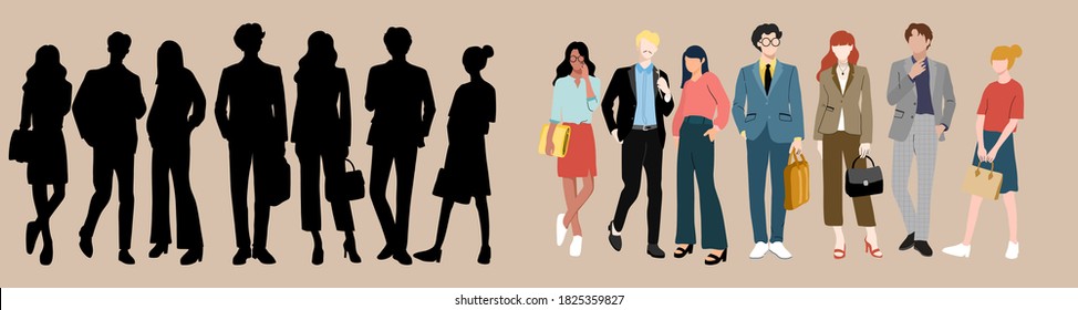 Vector of business character. Group of standing man and woman. International business team. Set of silhouette and normal of business worker. Vector illustration flat design.