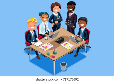 Vector business character reunion. Cool vector 3D flat isometric people on meeting in cartoon style with sitting and standing business persons.