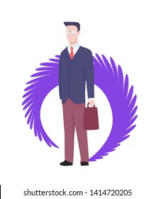 Vector business characters poses and actions. Businessman standing with bag.